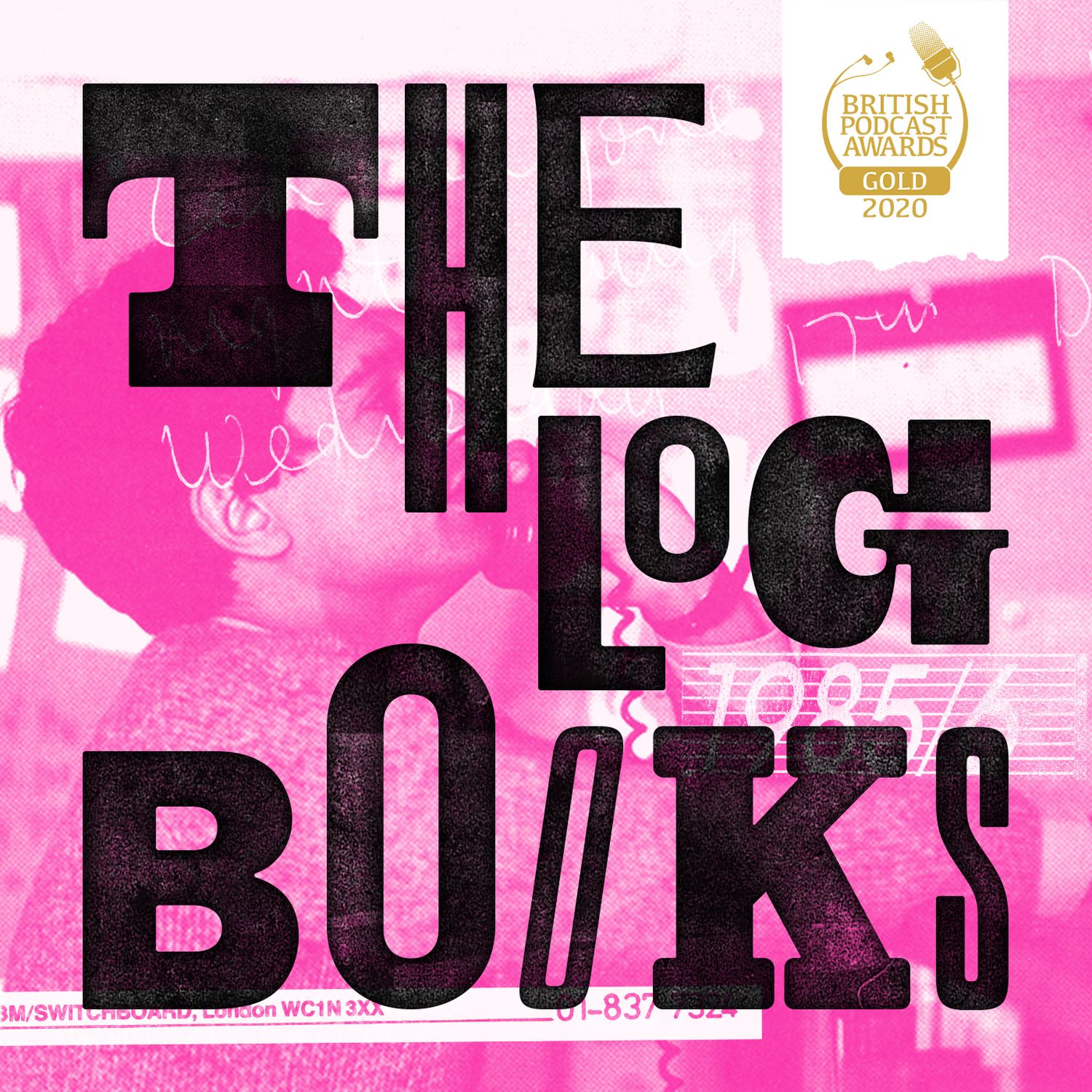 The text "THE LOG BOOKS" in different typefaces overlays a pink image